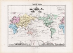 Világtérkép 1877, francia, atlasz, eredeti, 35 x 48 cm, térkép, világ, Planisphere, vulkán, hegy