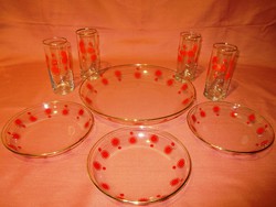Retro Alföldi jellegű piros pöttyös napocskás üveg pohár, tál, tálka