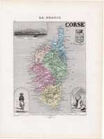 Korzika térkép 1877, francia, atlasz, eredeti, 26 x 35 cm, XIX: század, Franciaország, Napóleon