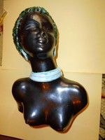 Art deco néger női büszt mázas kerámia szobor