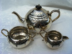 Különleges, ezüstözött, antik, 3 db-os, teás, kávés készlet, szép cizellált felülettel