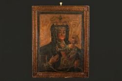 XVIII.sz. Istenszülő Ikon Olaj Vászon Korabeli Keretében Madonna Mária a Gyermek Jézussal 66x51cm