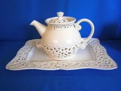 Nagyon különleges és ritka áttört porcelán vagy kerámia tálca, tál és teás kanna, kancsó