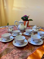 Barokk Zsolnay 6 személyes fehértollazott szórt virágos kávés készlet