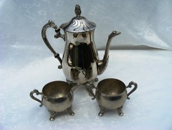 Szépséges, ezüstözött, régi, angol tea vagy kávé szervírozó készlet, kanna, kiöntő és cukortartó