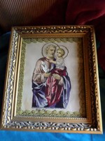 34 x 30 cm-es szép keretben Szent Józsefet ábrázoló , hímzett , gyöngyözött szentkép .