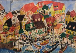 ism.szignó:Kikötői jelenet,színes,mozgalmas akvarell