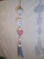 Decoration - new - wood - cotton - 50 cm button 6 cm bobbin 5 cm - heart 5 cm - unused