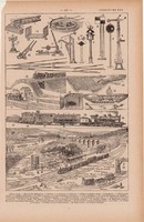 Vasút, nyomat 1923, francia, 19 x 29 cm, lexikon, eredeti, vonat, pályaudvar, szemafor, pálya