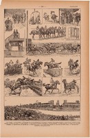 Lóverseny, nyomat 1923, francia, 19 x 29 cm, lexikon, eredeti, ló, lovas, akadály, hajtás