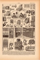 Telefon, nyomat 1923, francia, 19 x 29 cm, lexikon, eredeti, telefonközpont, fali, készülék