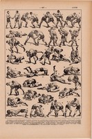 Birkózás, nyomat 1923, francia, 19 x 29 cm, lexikon, eredeti, sport, birkózó, fogás
