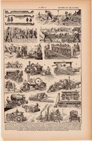 Útépítés, nyomat 1923, francia, 19 x 29 cm, lexikon, eredeti, út, járda, kő, gép, munkás, gőzgép