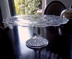 Régi öntött üveg nagy torta tál kristály mintás