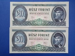 1975 20 forint UNC sorszámkövető bankjegy pár