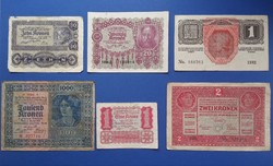 1917-1922 Osztrák- Magyar korona bankjegy sor 6 darab vegyes tartásfokon