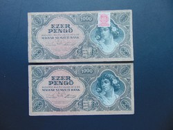 2 darab 1000 pengő 1945 bélyeggel - bélyeg nélkül