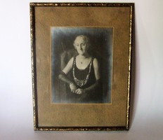 Régi, nagyméretű, üvegezett hölgy portré fotó, fénykép szép régi keretben