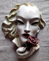 Art deco kerámia női fej rózsával