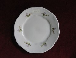 Zsolnay porcelán süteményes tányér, apró lila virágmintás.