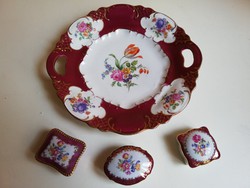 Made in GDR pompás színes virágmintás nyugatnémet porcelán garnitúra tányér és 3 db gyűrű doboz 