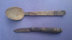 Népi, paraszti,kézzel készült fa leveses,puliszkás kanál, szalonnázó kés, 19.század