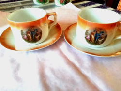Antik Zsolnay porcelán jelenetes teás csésze alátéttel