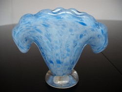 Mutatós kék színű hólyagos mintás jelölt Muránói üvegísz, díszüveg, 11 cm