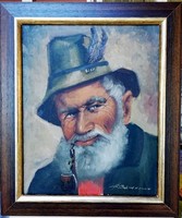 Portrait of an old hunter smoking a pipe, with incredible workmanship, in a beautiful frame (24 x 30, oil, marked)
