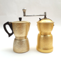 Retro kávéfőző és kávédaráló - bronzírozott, rézszínű bevonattal, poncolt felülettel