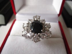 Valódi, sötétkék zafír, nagy, tömör ezüst gyűrű 925