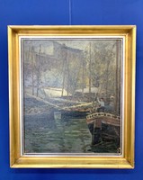 Gyula Conrád: port c oil on canvas painting, gilded frame