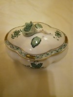 Herendi zöld Apponyi mintás porcelán ovális bonbonier