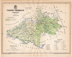 Csanád vármegye térkép 1893, lexikon melléklet, Gönczy Pál, 23 x 29 cm, megye, Posner Károly, régi