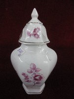 Hollóházi porcelán fedeles váza. Hófehér alapon pink színű virágmintával. Vanneki!
