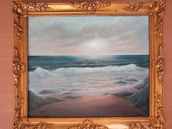 Waves at sunset - signed antique oil painting