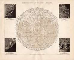 Holdtérkép, térkép 1895, eredeti, német, csillagászat, Hold, bolygó, felszín, kráter, elnevezések