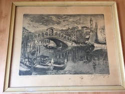 Szentgyörgyvári Gyenes Lajos Velencei Rialtó híd rézkarc 1965-ből