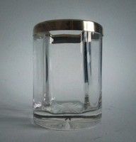 Szecessziós metszett-csoszolt pohár, ezüstözött réz peremmel