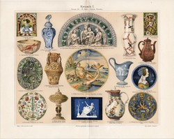 Kerámia I., színes nyomat 1906, német, litográfia, eredeti, XIV. - XVIII. század, tál, korsó, váza