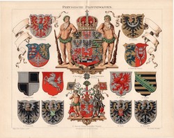 Porosz tartomány címerek, 1896, színes nyomat, német nyelvű, eredeti, címer, szász, állam, Szilézia