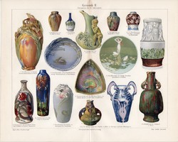 Kerámia II., színes nyomat 1906, német, litográfia, eredeti, XIX. század, váza, tál, korsó, fajansz