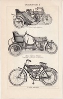 Motorkerékpár I. és II., egyszínű nyomat 1906, német nyelvű, eredeti, motor, szállítás, oldalkocsi