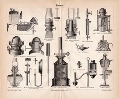 Lámpák, egyszín nyomat 1886, német nyelvű, eredeti, petróleum, lámpa, lakkbenzin, ligroin, világítás