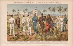 Német gyarmati hadsereg, litográfia 1893, színes nyomat, német nyelvű, tiszt, katona, egyenruha