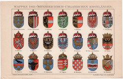 Osztrák - Magyar Monarchia címerei, litográfia 1893, színes nyomat, német, ország, állam, címer