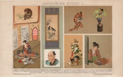 Japán művészet I., színes nyomat 1893, német nyelvű, eredeti, litográfia, fest, Toyosuki, Hokusai
