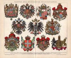 Európai államok címerei, litográfia 1895, színes nyomat, német, Brockhaus, címer, magyar, ország