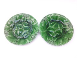 Schramberg antik majolika tányérok - zöld leveles fajansz süteményes, desszertes tányérkák