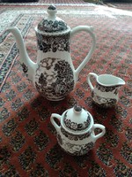 Antik angol fajansz kiöntő tejkiöntővel, cukortartóval, 3 porcelán